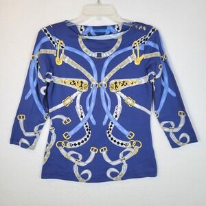 J. McLaughlin Womens Catalina Cloth Equestrian Chain 3/4 Sleeve Top Size XS Blue